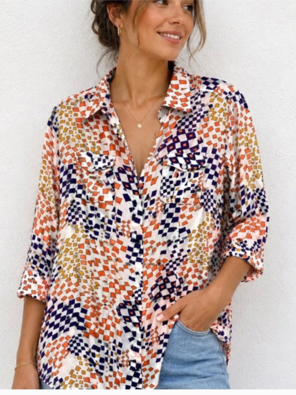 CAbi Women's Grand Prix Button Down Shirt Size Medium Orange Blue Geometric #404